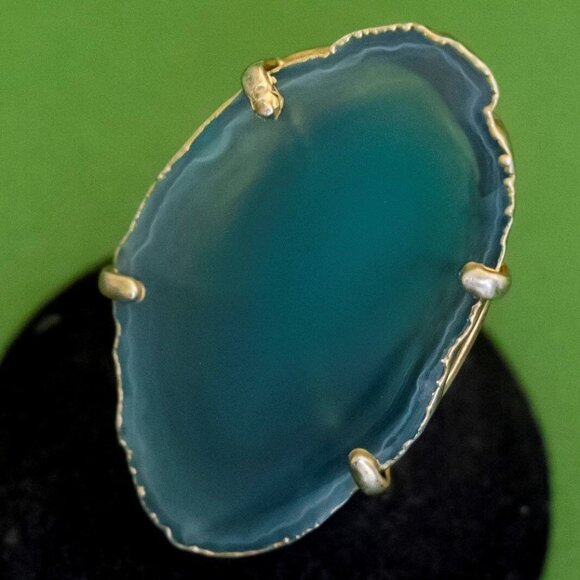 Size 7, Vintage Art Deco Blue Abyss Oval Stone Adjsutable Ring, K33 - Picture 2 of 3